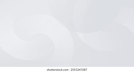 Abstract white glowing geometric lines on gray background. Futuristic technology concept. Modern shiny white circle lines pattern.