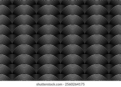 Abstract white glowing geometric lines on a dark black background with shiny circular patterns. Ideal for technology-themed covers, posters, banners, and websites. EPS 10.