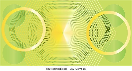 Abstract white glowing geometric lines on green background. Modern shiny yellow circle lines pattern. Futuristic technology concept. Vector illustration