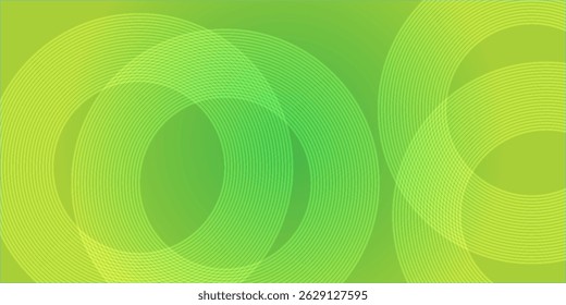 Abstrakte, weiß leuchtende geometrische Linien auf grünem Hintergrund. Modernes glänzendes gelbes Kreislinienmuster. Futuristisches Technologiekonzept.