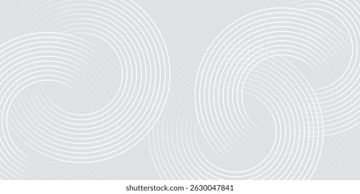 Linhas geométricas brilhantes em branco abstrato sobre fundo cinza. Padrão moderno de linhas de círculo azul brilhante. Conceito de tecnologia futurista. Terno para capa, cartaz,