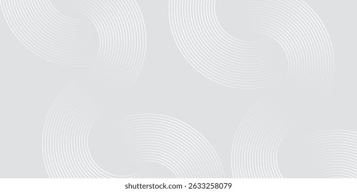 Abstrakte, weiß leuchtende geometrische Linien auf grauem Hintergrund. Moderne glänzende blaue Kreislinien Muster. Futuristisches Technologiekonzept. Anzug für Cover, Plakat,