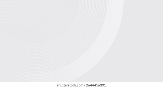 Linhas geométricas brilhantes em branco abstrato sobre fundo cinza. Padrão moderno de linhas de círculo azul brilhante. Conceito de tecnologia futurista. Terno para capa, cartaz,