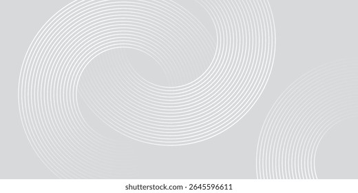 Linhas geométricas brilhantes em branco abstrato sobre fundo cinza. Padrão moderno de linhas de círculo azul brilhante. Conceito de tecnologia futurista. Terno para capa, cartaz moderno