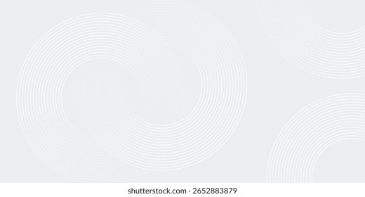 Linhas geométricas brilhantes em branco abstrato sobre fundo cinza. Padrão moderno de linhas de círculo azul brilhante. Conceito de tecnologia futurista. Terno para capa, cartaz, banner, brochura, cabeçalho, vetor de site