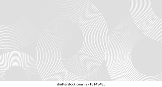 Abstrakte, weiß leuchtende geometrische Linien auf grauem Hintergrund. Modernes glänzendes blaues Kreislinienmuster. Zukunftskonzept mit schöner Textur. Vektorhintergrund