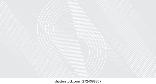 Linhas geométricas brilhantes em branco abstrato sobre fundo cinza. Padrão moderno de linhas de círculo branco brilhante. Conceito de tecnologia futurista. Terno para capa, cartaz, banner, brochura, cabeçalho, vetor de site