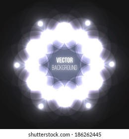 Abstract white glowing hexagon mandala or symmetrical cosmic fractal on black space background. Shiny kaleidoscope ornament for futuristic vector banner decoration