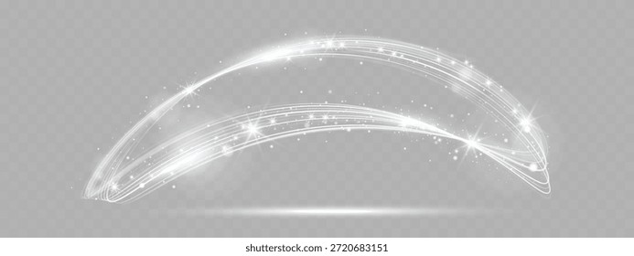 Abstrakter weißer leuchtender Lichtbogen mit funkelnden Partikeln einzeln auf transparentem Hintergrund