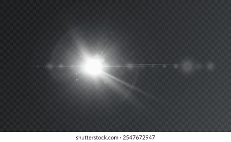 Abstract White glowing light explodes on transparent background. Bright star. Transparent shining sun, bright flash. Vector