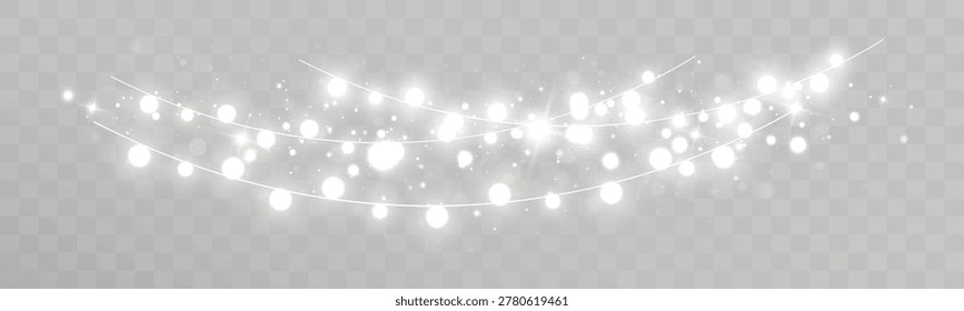 Abstract white glowing string lights with sparkling bokeh and glitter particles isolated on transparent background. Festive decoration overlay.