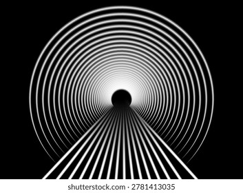 Abstract white glowing tunnel with concentric circular rings and perspective light lines on black background. Futuristic optical portal with geometric depth effect, neon illumination and sci fi digital composition.
