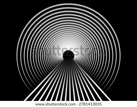 Abstract white glowing tunnel with concentric circular rings and perspective light lines on black background. Futuristic optical portal with geometric depth effect, neon illumination and sci fi digital composition.
