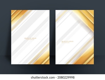 Abstract white and gold cover design template background. Gold abstract shapes pattern in premium gold color. Luxury golden stripe vector layout for business background, certificate, brochure template