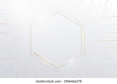 El blanco abstracto, las líneas doradas y el color de puntos se conectan con el fondo futurista de las tarjetas Circuit. Conexión de la tecnología de internet cibernética de datos. Ilustración del vector
