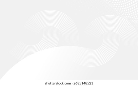Abstraktes KreisdesignEin modernes abstraktes Design verfügt über eine Reihe miteinander verbundener, gekrümmter Linien und ein Muster aus gleichmäßig beabstandeten Punkten, die alle in Grautönen gehalten sind.