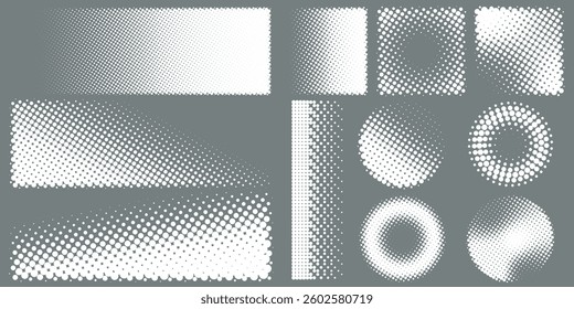 Abstract white gradient halftone textures isolated on a gray background. Various geometric shape patterns are made of simple dots. Vector illustration