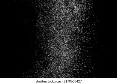 Abstrakte weiße graue Textur einzeln auf schwarzem Hintergrund. Staubüberlagerungen strukturiert. Kornrauschpartikel. Schneeeffekte. Design-Element. Vektorgrafik, EPS10.  