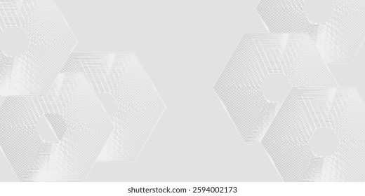 Abstract white gray background with glowing geometric lines. Modern shiny gray hexagon lines pattern.