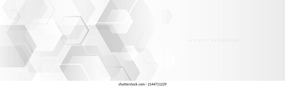 Resumen del fondo de forma hexágono geométrico blanco y gris. Textura de concepto de tecnología futurista. Patrón gráfico mínimo. Diseño moderno de banner gris con espacio para el texto