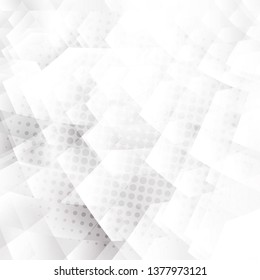 Abstract white and gray geometric hexagons shapes overlapping background with halftone effect. Vector illustration