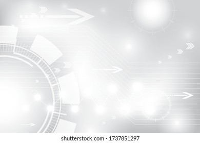 Resumen del fondo de la tecnología geométrica en blanco y gris con forma de engranaje, línea y flecha. Vector, ilustración.