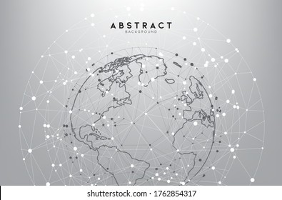 Abstract White And Gray Globe Triangle Geometry Background And Wallpaper. Global Network Connection, Social Communications Concept, Digital Technology Banner.