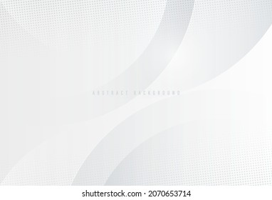 Abstract white and gray gradient curve shape background with halftone dots decoration. Modern simple geometric circle shape graphic elements. Suit for template, poster, cover, banner, presentation