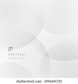 Abstract white and gray layered gradient sphere shape with dot halftone texture decorate. liquid fluid circles overlap background with shadow.  Minimal template design. Vector illustration