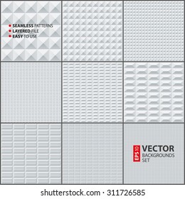 Abstract white and gray rectangle geometric bricks seamless patterns. RGB EPS 10 vector backgrounds set
