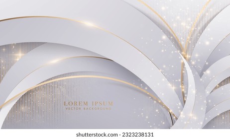 Abstract white and gray shape with golden curve lines, glitter light effect decoration on gray background. Luxury style vector design