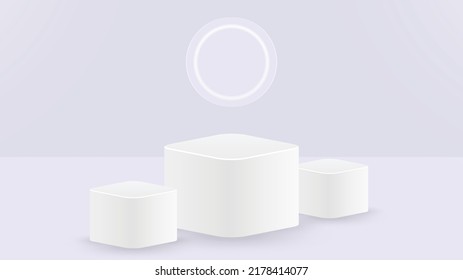 Abstract white and gray stand or podium with glowing neon ring. 3D round corner cube pedestal with with circle lamp. Vector illustration