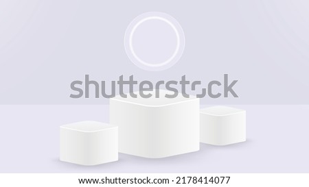 Abstract white and gray stand or podium with glowing neon ring. 3D round corner cube pedestal with with circle lamp. Vector illustration