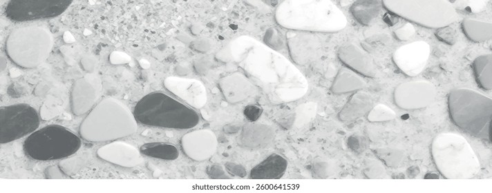 Abstract white and gray terrazzo flooring texture polished stone pattern old surface marble for background. Wall terrazzo texture gray and black of stone granite white background.	