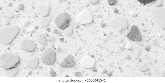 Abstract white and gray terrazzo flooring texture polished stone pattern old surface marble for background. Wall terrazzo texture gray and black of stone granite white background.	