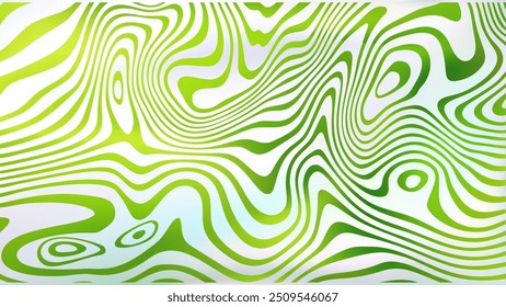 Abstract white green fluid swirl bg. Psychedelic groovy style background. Wavy trippy twisted marble texture. Liquid line surface. Spiral art hypnotic modern pattern. Optic Illusion vector backdrop.