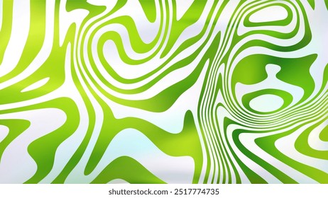 Abstract white green fluid swirl bg. Psychedelic groovy style background. Wavy trippy twisted marble texture. Liquid line surface. Spiral art hypnotic modern pattern. Optic Illusion vector backdrop.