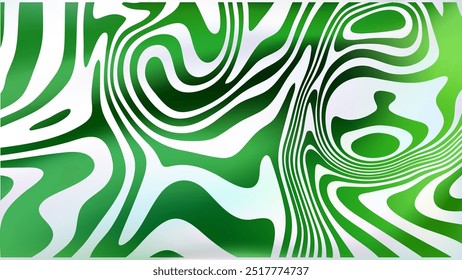 Abstract white green fluid swirl bg. Psychedelic groovy style background. Wavy trippy twisted marble texture. Surreal curvy stripes wallpaper. Liquid line surface. Optic Illusion vector backdrop.