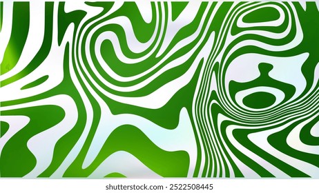 Abstract white green fluid swirl bg. Psychedelic groovy style background. Wavy trippy twisted marble texture. Surreal curvy stripes wallpaper. Liquid line surface. Optic Illusion vector backdrop.