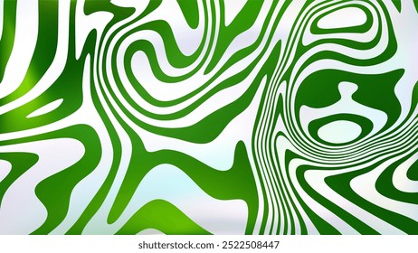 Espiral de fluido verde branco abstrato bg. Fundo estilo groovy psicodélico. Textura de mármore retorcido trippy ondulado. Superfície da linha líquida. Espiral arte hipnótica padrão moderno. Fundo de vetor Ilusão óptica.