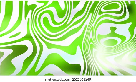 Abstract white green fluid swirl bg. Psychedelic groovy style background. Wavy trippy twisted marble texture. Surreal curvy stripes wallpaper. Liquid line surface. Optic Illusion vector backdrop.