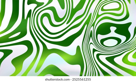 Espiral de fluido verde branco abstrato bg. Fundo estilo groovy psicodélico. Textura de mármore retorcido trippy ondulado. Superfície da linha líquida. Espiral arte hipnótica padrão moderno. Fundo de vetor Ilusão óptica.