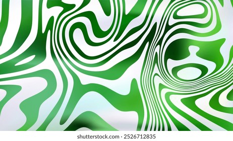 Espiral de fluido verde branco abstrato bg. Fundo estilo groovy psicodélico. Textura de mármore retorcido trippy ondulado. Superfície da linha líquida. Espiral arte hipnótica padrão moderno. Fundo de vetor Ilusão óptica.