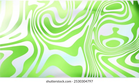 Abstract white green fluid swirl bg. Psychedelic groovy style background. Wavy trippy twisted marble texture. Surreal curvy stripes wallpaper. Liquid line surface. Optic Illusion vector backdrop.