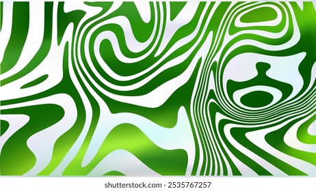 Espiral de fluido verde branco abstrato bg. Fundo estilo groovy psicodélico. Textura de mármore retorcido trippy ondulado. Papel de parede de listras curvilíneas surreais. Superfície da linha líquida. Fundo de vetor Ilusão óptica.