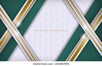 Abstract white and green with golden diagonal line luxury background. Elegant realistic paper cut style 3d. Modern cover and invitation card template design. 