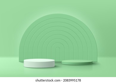 Abstract white and green realistic 3D cylinder pedestal podium set with glowing green semi circle backdrop. pastel minimal scene for product display presentation. Vector rendering geometric platform.