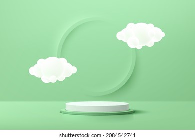 Abstract white and green realistic 3D cylinder pedestal podium with circle scene and white cloud flying. Pastel minimal wall scene for product display presentation. Vector rendering geometric platform