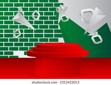 Abstract white, green and red mockup product display. Vector 3D stage showcase. Minimal geometric scene with cylinder pedestal podium. Space for presentation.