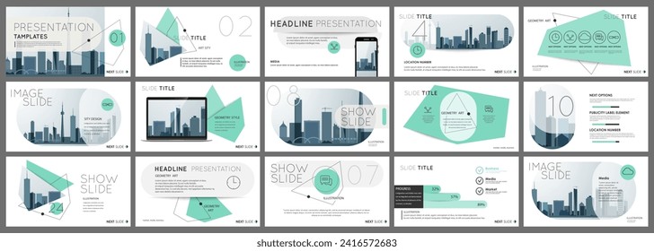 Resumen de diapositivas blancas y verdes. Diseño de la cubierta del folleto. Marco de banner de información de búsqueda. Conjunto creativo de elementos infográficos. Urbano. Conjunto de modelos de hojas de título. Vector moderno. Plantillas de presentación, corporativas.